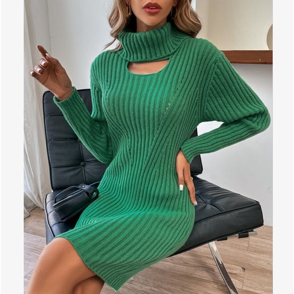 Dresses & Skirts - Cozy Cowl Neck Cut out Knit Sweater Dress Green